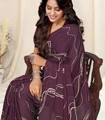 Wine Chiffon Geometric Print Saree With Unstitched Blouse Piece