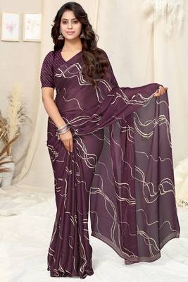 Wine Chiffon Geometric Print Saree With Unstitched Blouse Piece 2