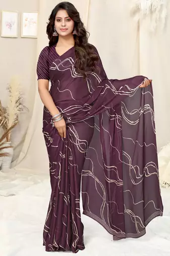 Wine Chiffon Geometric Print Saree With Unstitched Blouse Piece