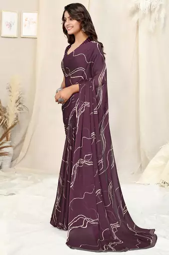 Wine Chiffon Geometric Print Saree With Unstitched Blouse Piece