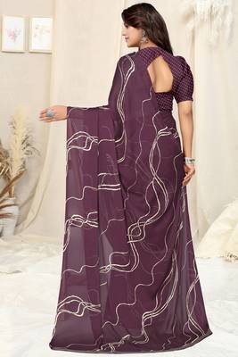 Wine Chiffon Geometric Print Saree With Unstitched Blouse Piece 4