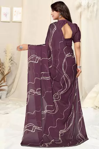 Wine Chiffon Geometric Print Saree With Unstitched Blouse Piece