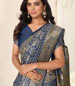 Navy Blue Banarasi silk blendWoven Ethnic Motif Zari Border Saree With Unstitched Blouse Piece