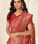 Red banarasi silk woven ethnic motif zari border saree with unstitched blouse piece