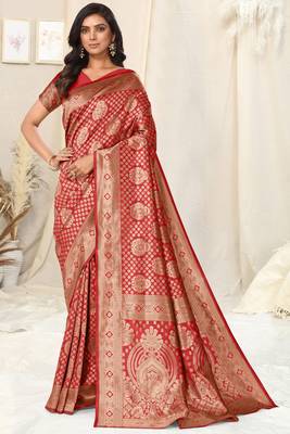 Red banarasi silk woven ethnic motif zari border saree with unstitched blouse piece 2