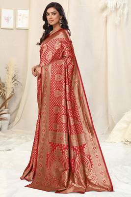 Red banarasi silk woven ethnic motif zari border saree with unstitched blouse piece 3