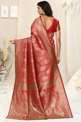 Red banarasi silk woven ethnic motif zari border saree with unstitched blouse piece 4