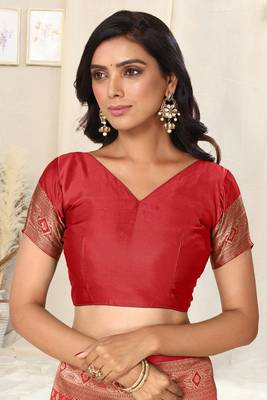 Red banarasi silk woven ethnic motif zari border saree with unstitched blouse piece 5