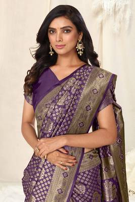 Purple Faux Banarasi Silk Woven Ethnic Motif Zari Border Saree With Unstitched Blouse Piece 1