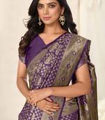 Purple Faux Banarasi Silk Woven Ethnic Motif Zari Border Saree With Unstitched Blouse Piece