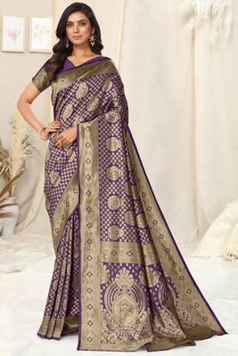 Purple Faux Banarasi Silk Woven Ethnic Motif Zari Border Saree With Unstitched Blouse Piece 2