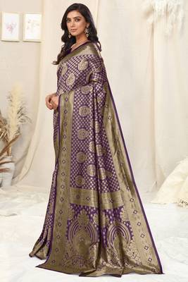 Purple Faux Banarasi Silk Woven Ethnic Motif Zari Border Saree With Unstitched Blouse Piece 3