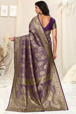 Purple Faux Banarasi Silk Woven Ethnic Motif Zari Border Saree With Unstitched Blouse Piece 4
