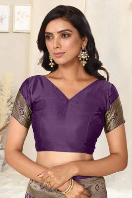 Purple Faux Banarasi Silk Woven Ethnic Motif Zari Border Saree With Unstitched Blouse Piece 5