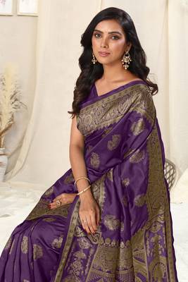 Purple Banarasi silk blendWoven Paisley Ethnic Motif Zari Border Saree With Unstitched Blouse Piece 1