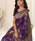 Purple Banarasi silk blendWoven Paisley Ethnic Motif Zari Border Saree With Unstitched Blouse Piece