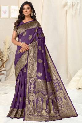 Purple Banarasi silk blendWoven Paisley Ethnic Motif Zari Border Saree With Unstitched Blouse Piece 2