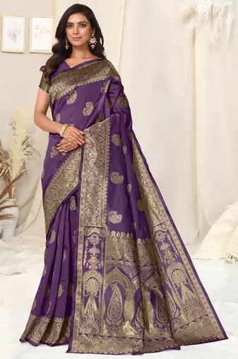 Purple Banarasi silk blendWoven Paisley Ethnic Motif Zari Border Saree With Unstitched Blouse Piece