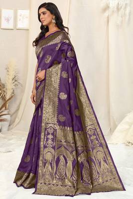 Purple Banarasi silk blendWoven Paisley Ethnic Motif Zari Border Saree With Unstitched Blouse Piece 3