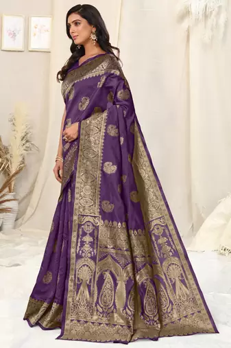 Purple Banarasi silk blendWoven Paisley Ethnic Motif Zari Border Saree With Unstitched Blouse Piece