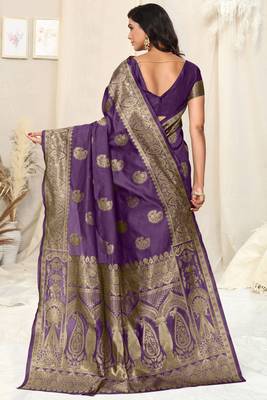 Purple Banarasi silk blendWoven Paisley Ethnic Motif Zari Border Saree With Unstitched Blouse Piece 4