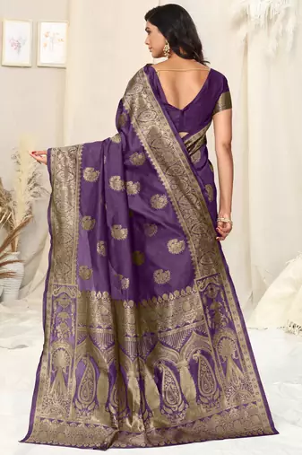 Purple Banarasi silk blendWoven Paisley Ethnic Motif Zari Border Saree With Unstitched Blouse Piece