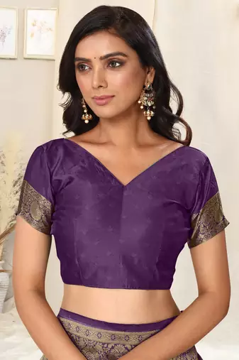 Purple Banarasi silk blendWoven Paisley Ethnic Motif Zari Border Saree With Unstitched Blouse Piece