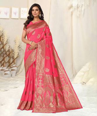 Pink Banarasi silk blendWoven Paisley Ethnic Motif Zari Border Saree With Unstitched Blouse Piece 1