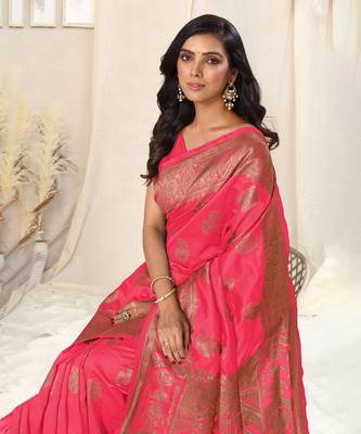 Pink Banarasi silk blendWoven Paisley Ethnic Motif Zari Border Saree With Unstitched Blouse Piece 2