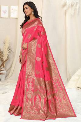 Pink Banarasi silk blendWoven Paisley Ethnic Motif Zari Border Saree With Unstitched Blouse Piece 3