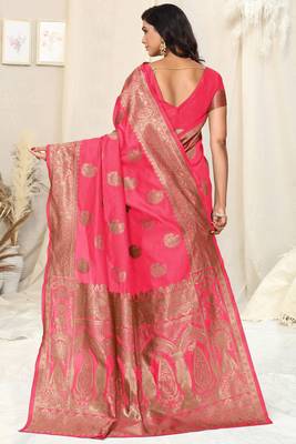 Pink Banarasi silk blendWoven Paisley Ethnic Motif Zari Border Saree With Unstitched Blouse Piece 4