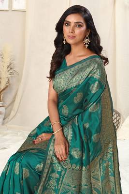 Teal Banarasi silk blendWoven Paisley Ethnic Motif Zari Border Saree With Unstitched Blouse Piece 2