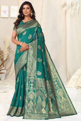 Teal Banarasi silk blendWoven Paisley Ethnic Motif Zari Border Saree With Unstitched Blouse Piece 1