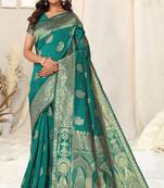 Teal Banarasi silk blendWoven Paisley Ethnic Motif Zari Border Saree With Unstitched Blouse Piece