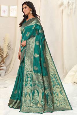 Teal Banarasi silk blendWoven Paisley Ethnic Motif Zari Border Saree With Unstitched Blouse Piece 3