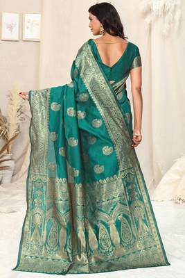 Teal Banarasi silk blendWoven Paisley Ethnic Motif Zari Border Saree With Unstitched Blouse Piece 4