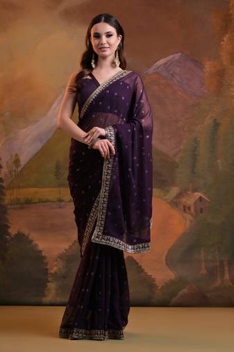 Wine Designer Emroidered Soft Georgette Saree With Blouse