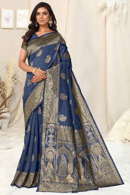 Navy Blue Banarasi silk blendWoven Paisley Ethnic Motif Zari Border Saree With Unstitched Blouse Piece 2