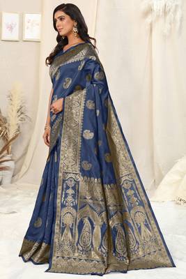Navy Blue Banarasi silk blendWoven Paisley Ethnic Motif Zari Border Saree With Unstitched Blouse Piece 3