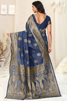 Navy Blue Banarasi silk blendWoven Paisley Ethnic Motif Zari Border Saree With Unstitched Blouse Piece 4