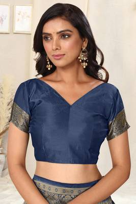 Navy Blue Banarasi silk blendWoven Paisley Ethnic Motif Zari Border Saree With Unstitched Blouse Piece 5