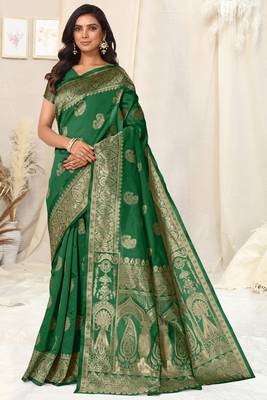 Green Banarasi silk blendWoven Paisley Ethnic Motif Zari Border Saree With Unstitched Blouse Piece 2