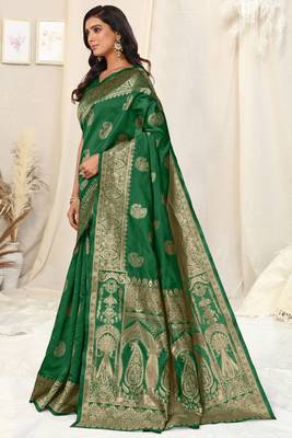 Green Banarasi silk blendWoven Paisley Ethnic Motif Zari Border Saree With Unstitched Blouse Piece 3