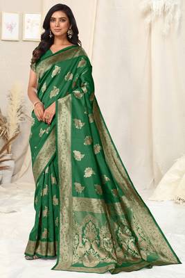 Green Banarasi silk blendWoven Peacock Ethnic Motif Zari Border Saree With Unstitched Blouse Piece 1