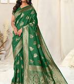 Green Banarasi silk blendWoven Peacock Ethnic Motif Zari Border Saree With Unstitched Blouse Piece