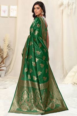 Green Banarasi silk blendWoven Peacock Ethnic Motif Zari Border Saree With Unstitched Blouse Piece 4