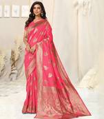 Pink Banarasi silk blendWoven Peacock Ethnic Motif Zari Border Saree With Unstitched Blouse Piece