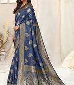 Navy Blue Banarasi silk blendWoven Peacock Ethnic Motif Zari Border Saree With Unstitched Blouse Piece