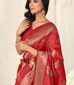 Red Banarasi silk blendWoven Peacock Ethnic Motif Zari Border Saree With Unstitched Blouse Piece