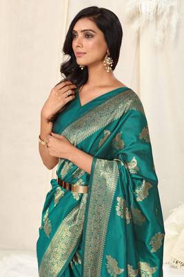 Teal Banarasi silk blendWoven Peacock Ethnic Motif Zari Border Saree With Unstitched Blouse Piece 2